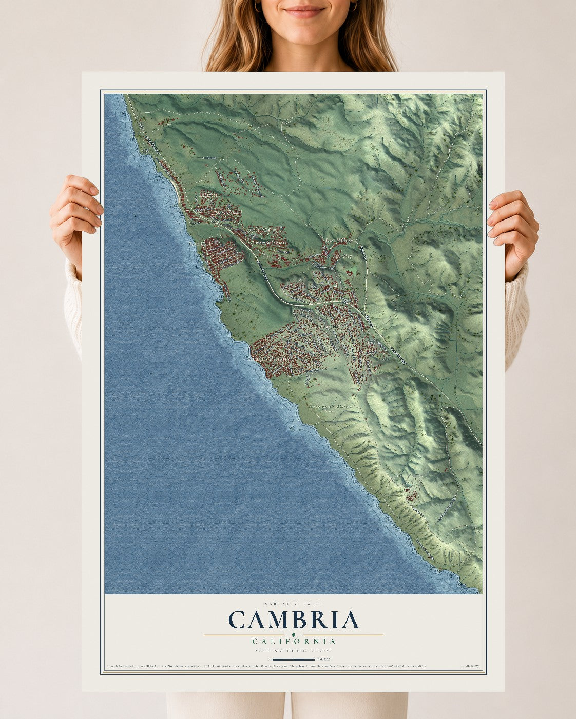 Map of Cambria, California, 24 x 36 inch unframed archival matte print