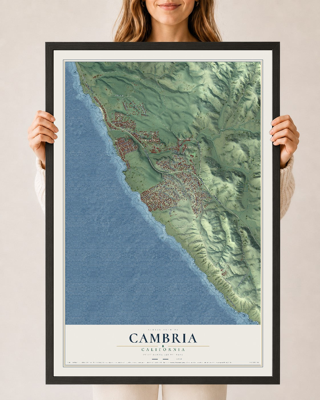 Map of Cambria, California, 24 x 36 inch print in a black wood frame