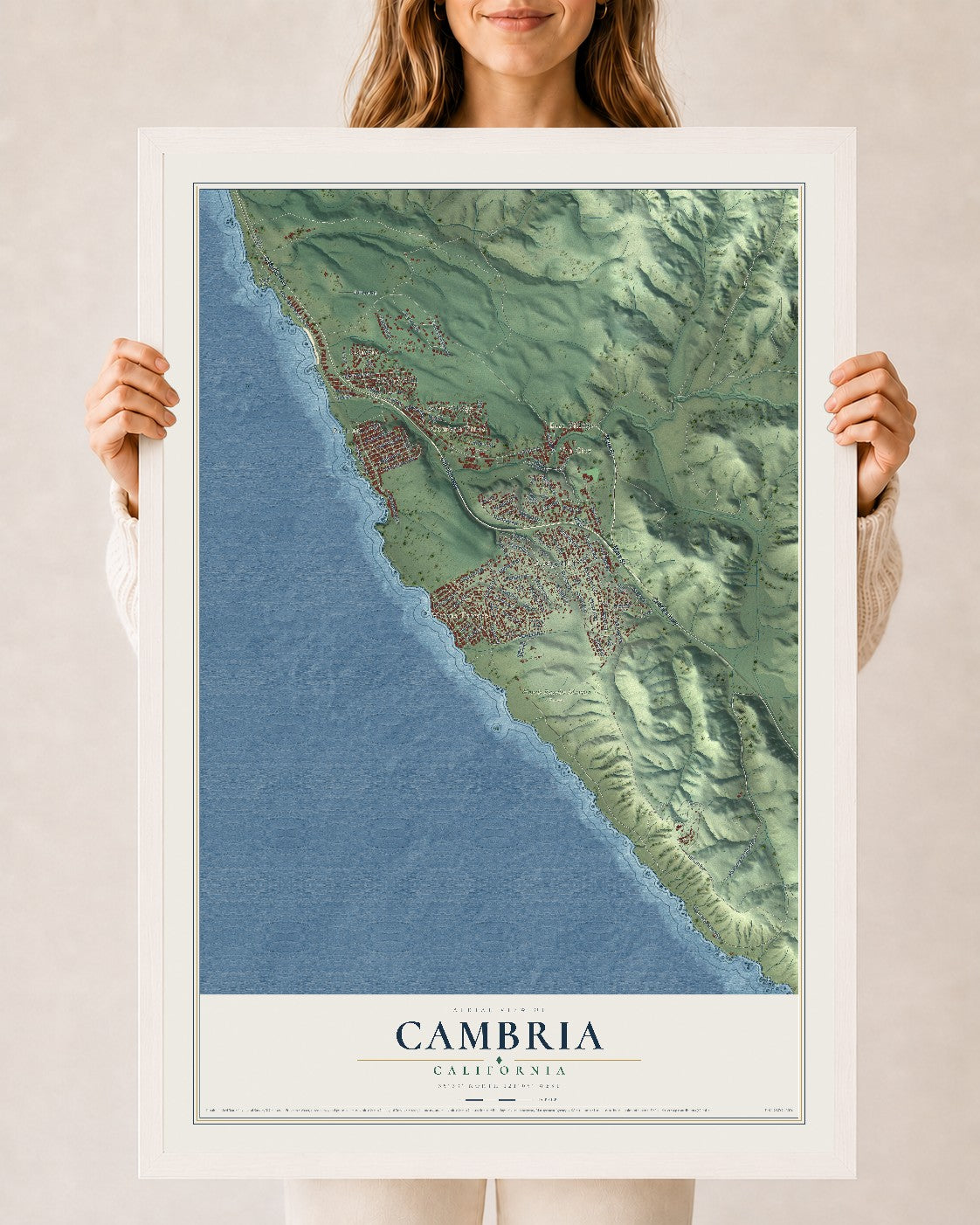 Map of Cambria, California, 24 x 36 inch print in a white wood frame