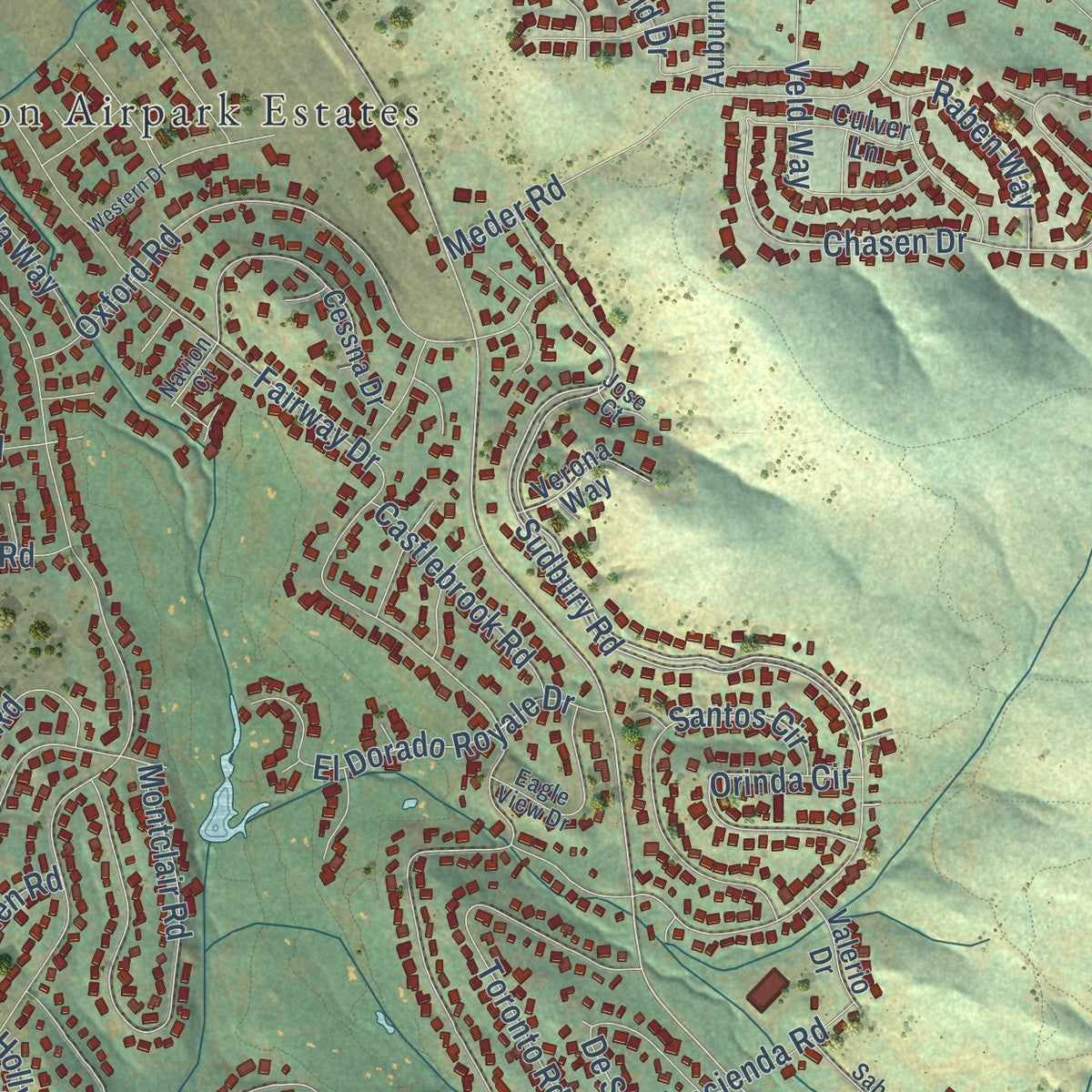 Second close-up of the map of Cameron Park, California print showing more streets and buildings