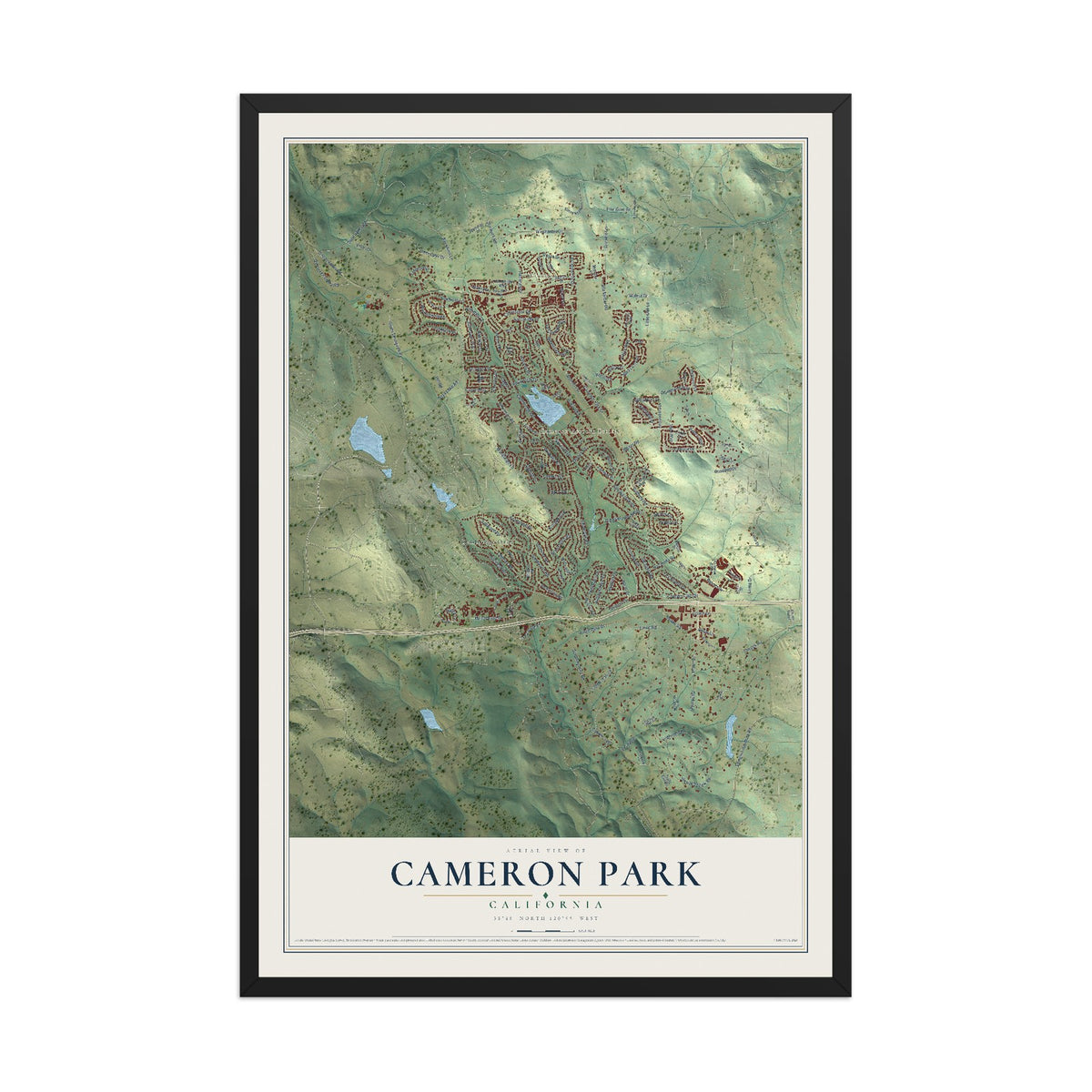 Map of Cameron Park, California, 12 x 18 inch print in a black wood frame