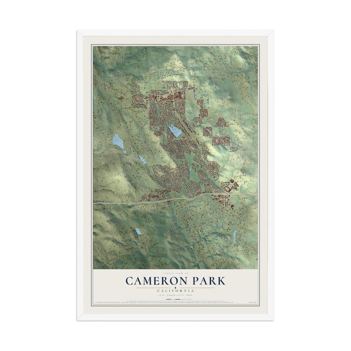 Map of Cameron Park, California, 12 x 18 inch print in a white wood frame