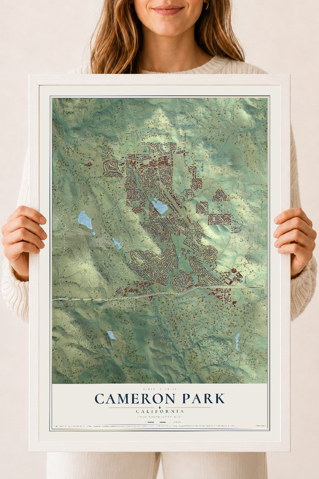 Map of Cameron Park, California, 18 x 24 inch print in a white wood frame