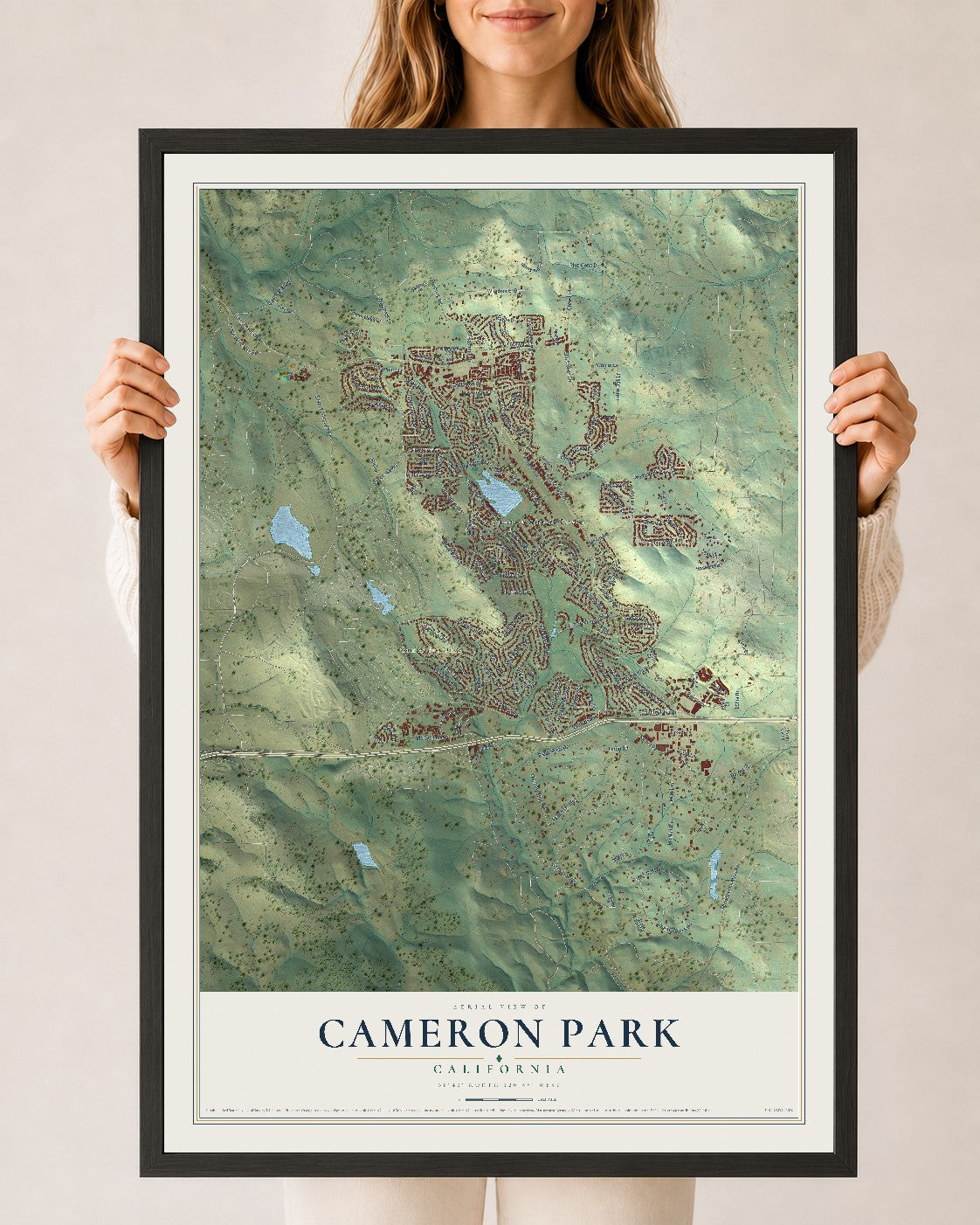 Map of Cameron Park, California, 24 x 36 inch print in a black wood frame