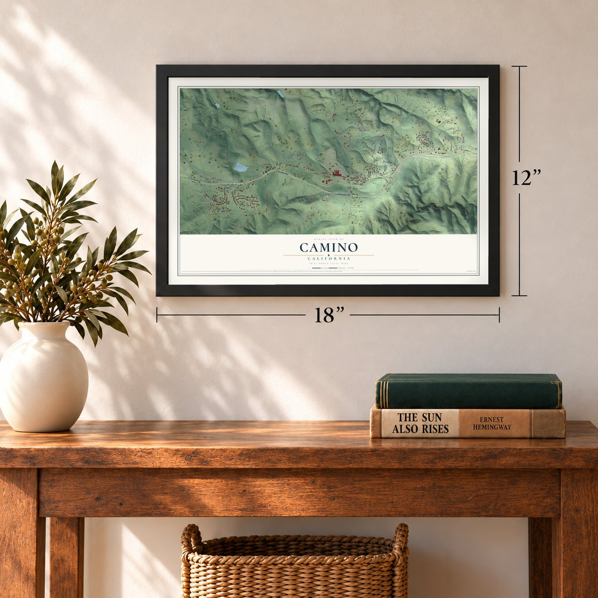 Camino, California map, 12 x 18 inch print in a black frame in an entryway