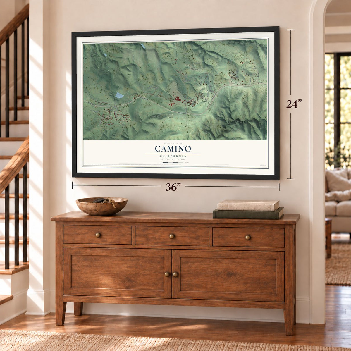 Camino, California map, 24 x 36 inch print in a black frame above a dresser by a staircase