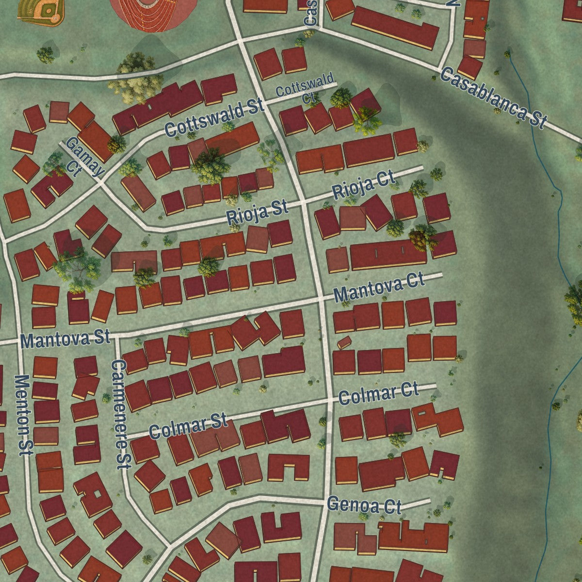 Close-up of the map of Camino Tassajara, California print showing street and building detail