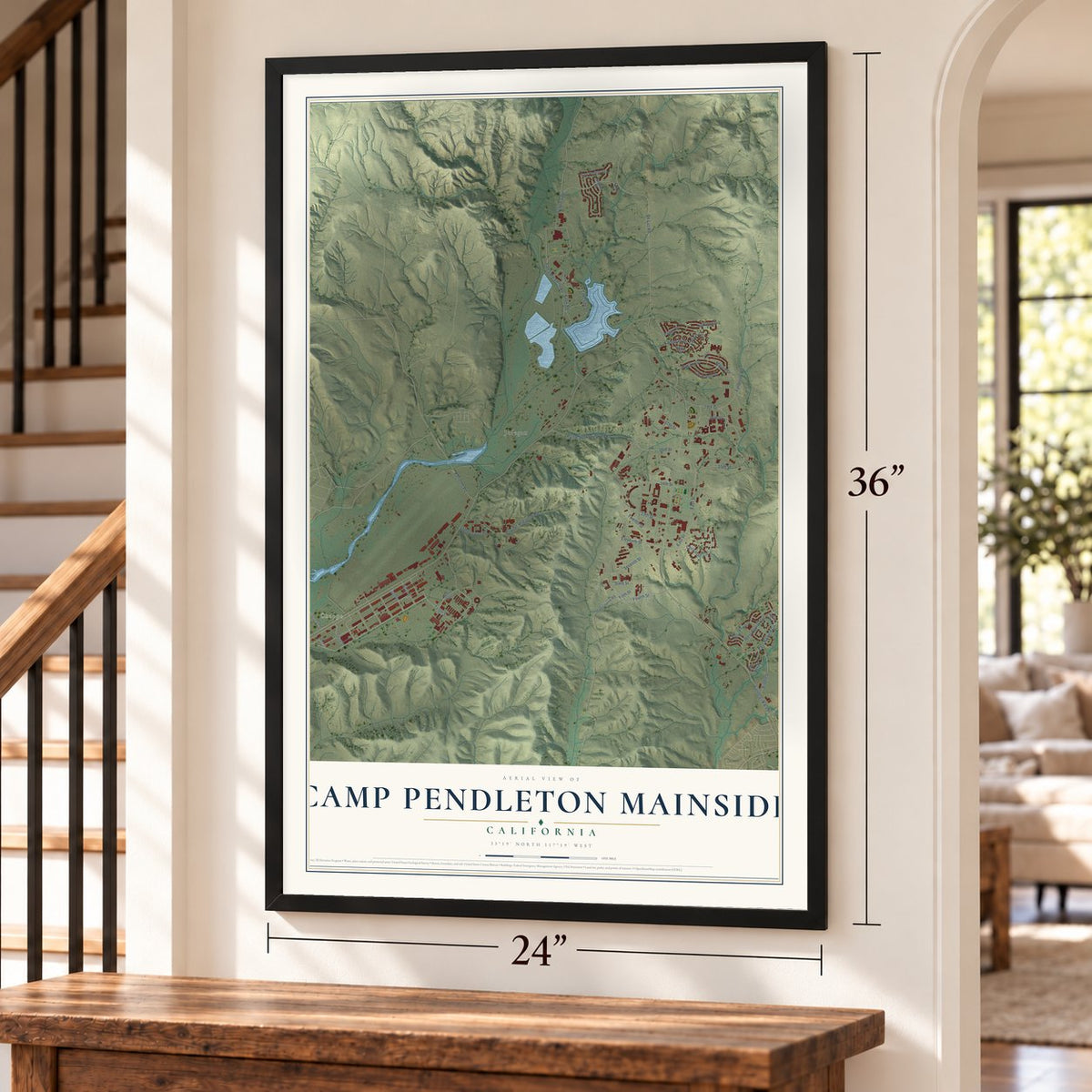 Camp Pendleton Mainside, California map, 24 x 36 inch print in a black frame by a staircase