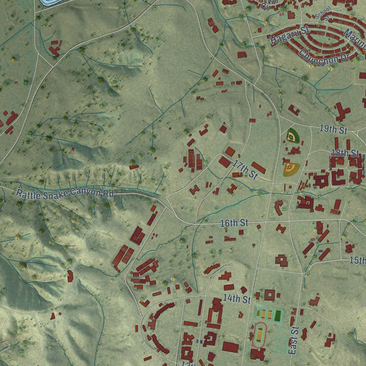 Close-up of the map of Camp Pendleton Mainside, California print showing street and building detail