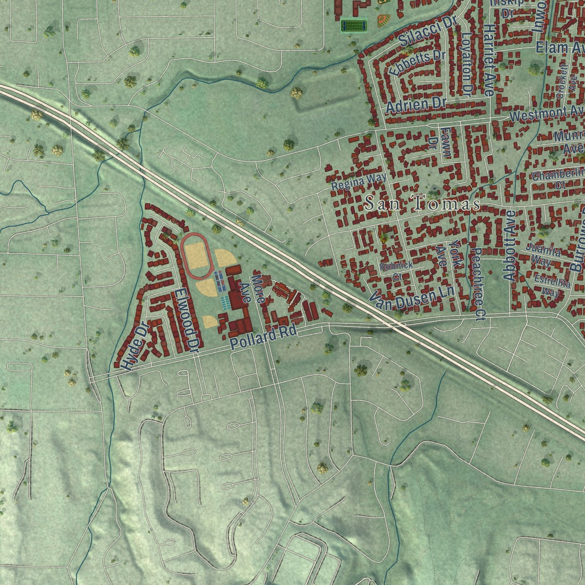 Second close-up of the map of Campbell, California print showing more streets and buildings