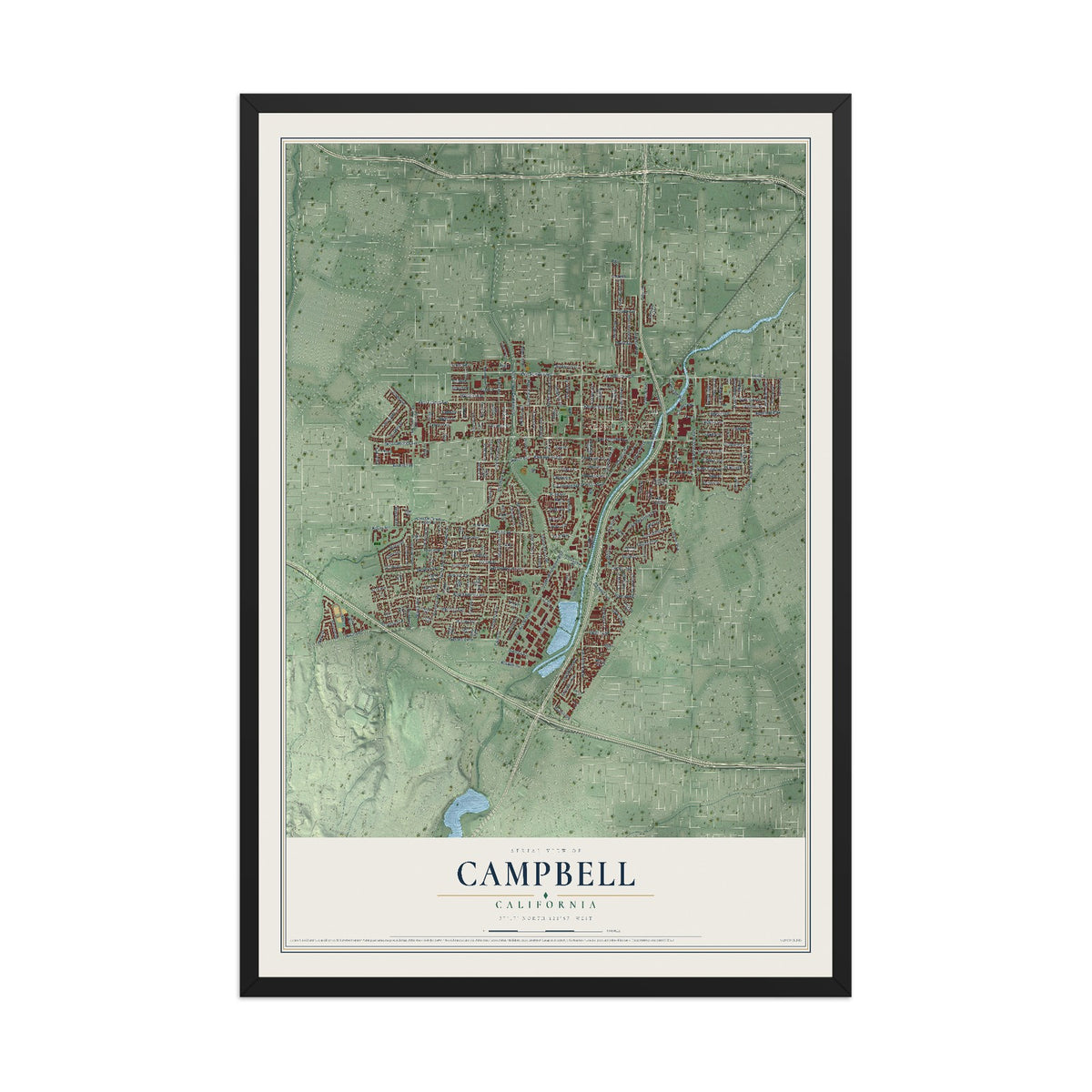 Map of Campbell, California, 12 x 18 inch print in a black wood frame