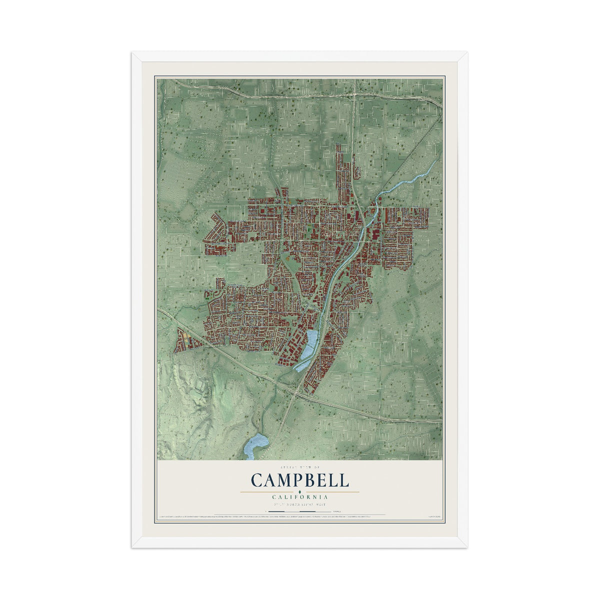 Map of Campbell, California, 12 x 18 inch print in a white wood frame