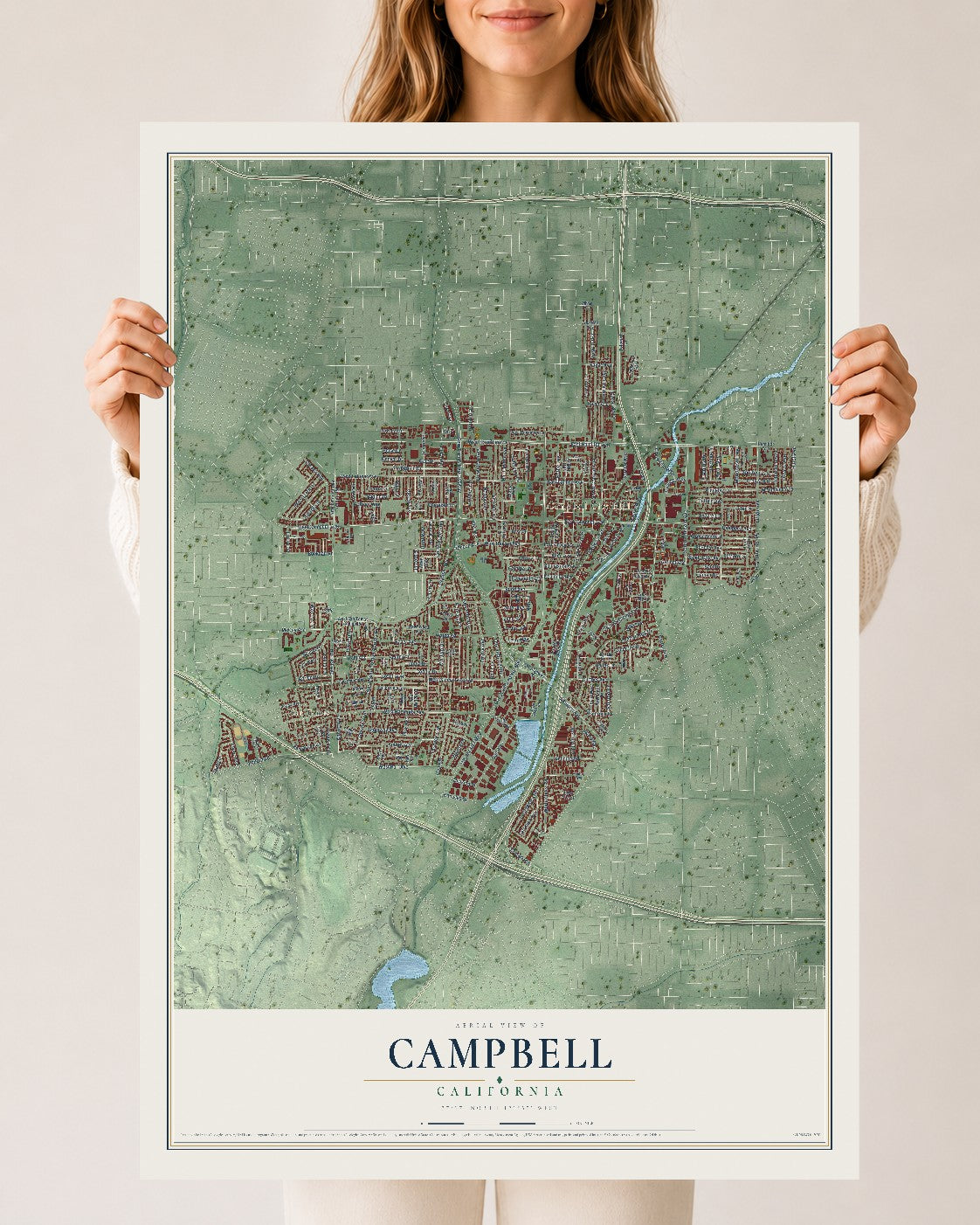 Map of Campbell, California, 24 x 36 inch unframed archival matte print
