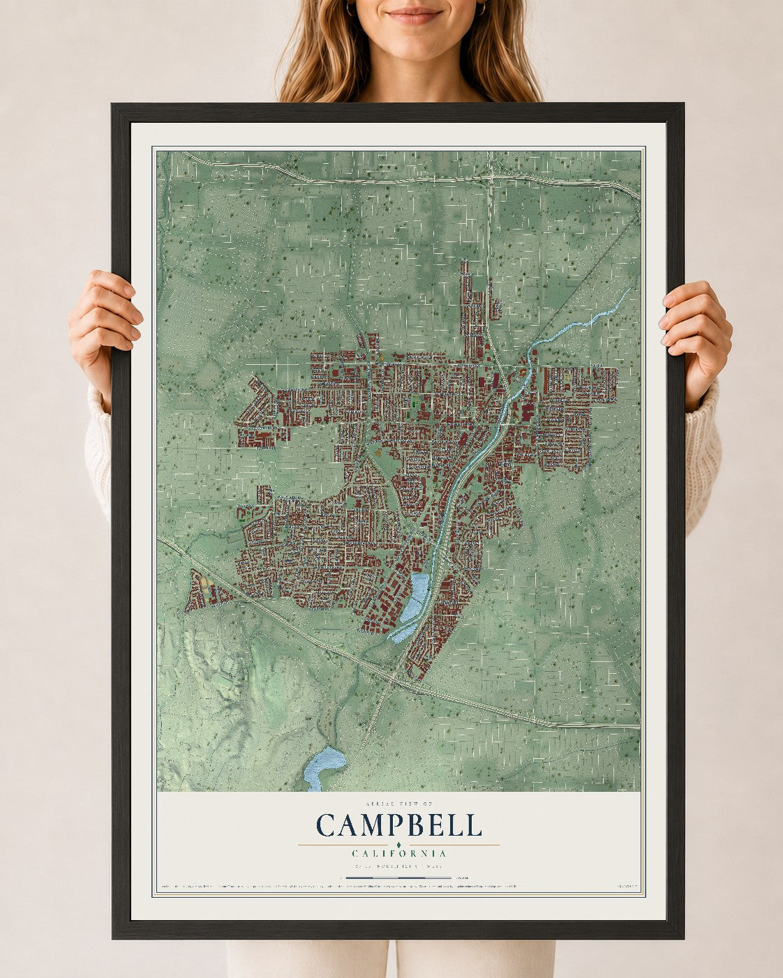 Map of Campbell, California, 24 x 36 inch print in a black wood frame