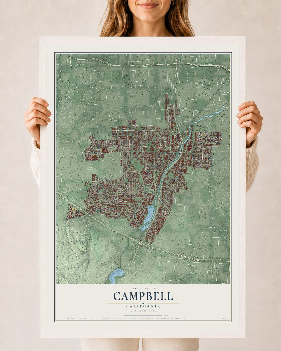 Map of Campbell, California, 24 x 36 inch print in a white wood frame