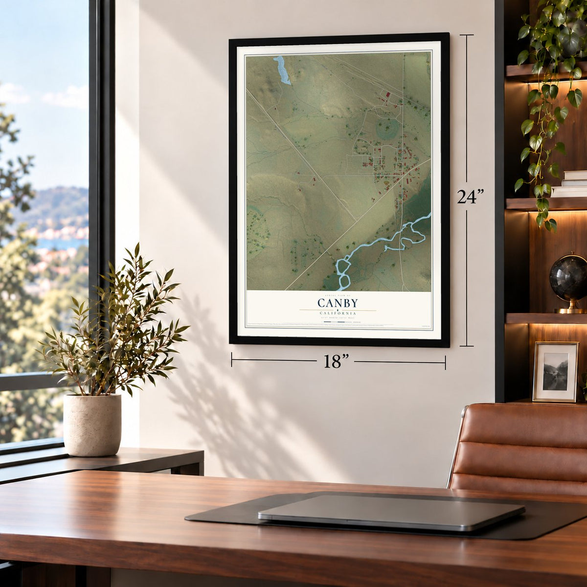 Canby, California map, 18 x 24 inch print in a black frame in a home office
