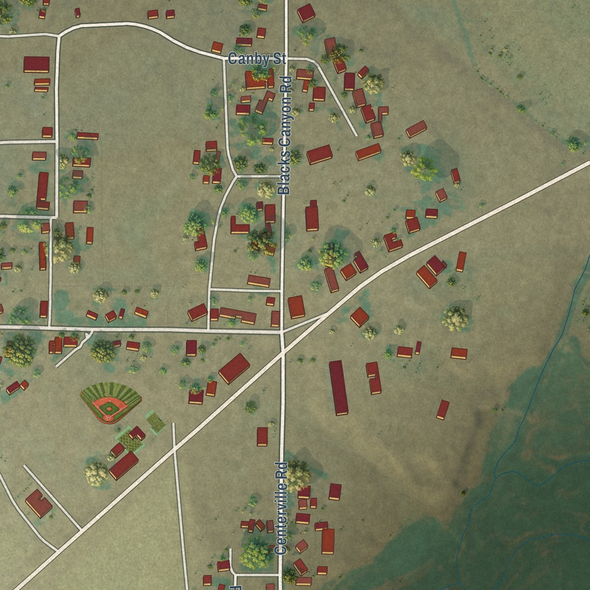 Close-up of the map of Canby, California print showing street and building detail