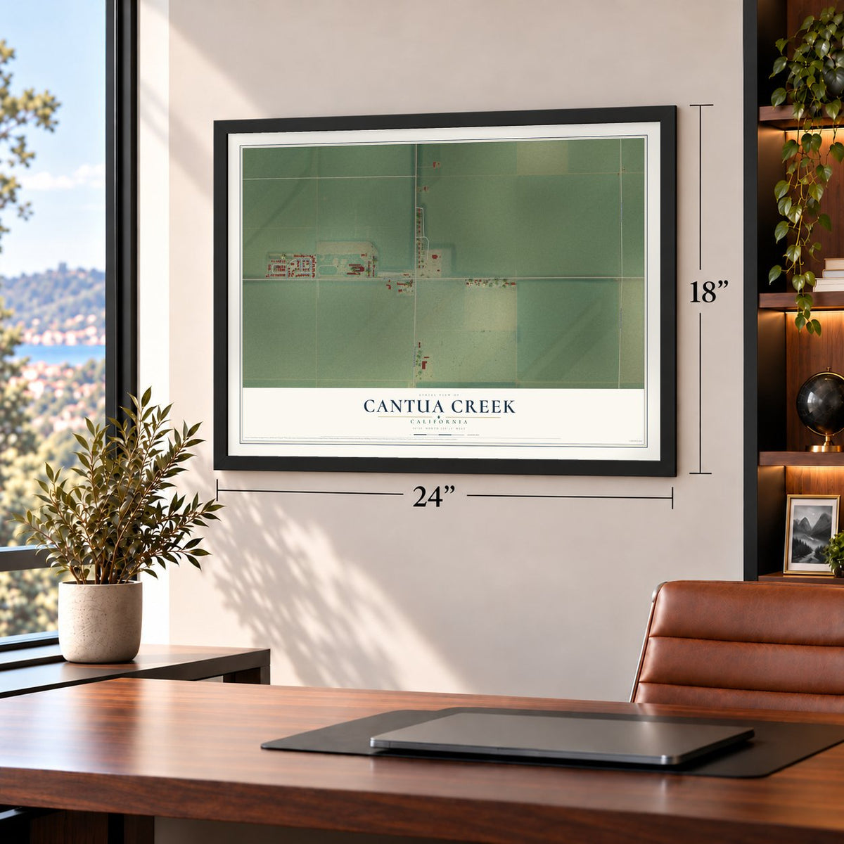 Cantua Creek, California map, 18 x 24 inch print in a black frame in a home office