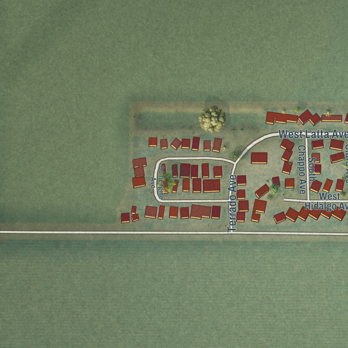 Close-up of the map of Cantua Creek, California print showing street and building detail