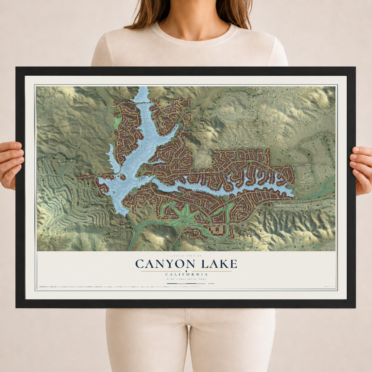 Map of Canyon Lake, California, 18 x 24 inch print in a black wood frame