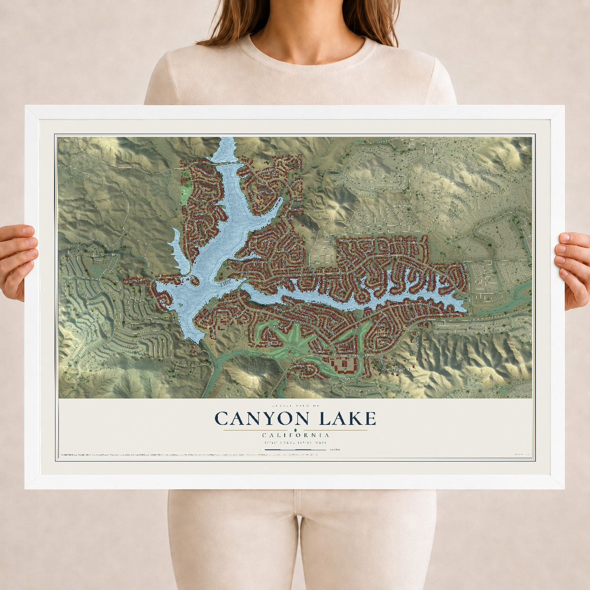 Map of Canyon Lake, California, 18 x 24 inch print in a white wood frame
