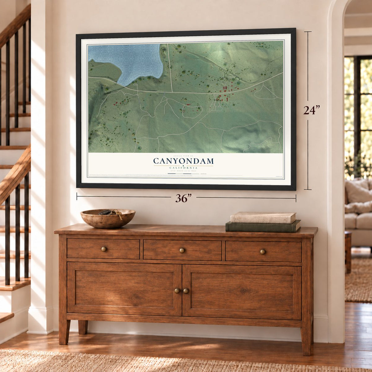 Canyondam, California map, 24 x 36 inch print in a black frame above a dresser by a staircase