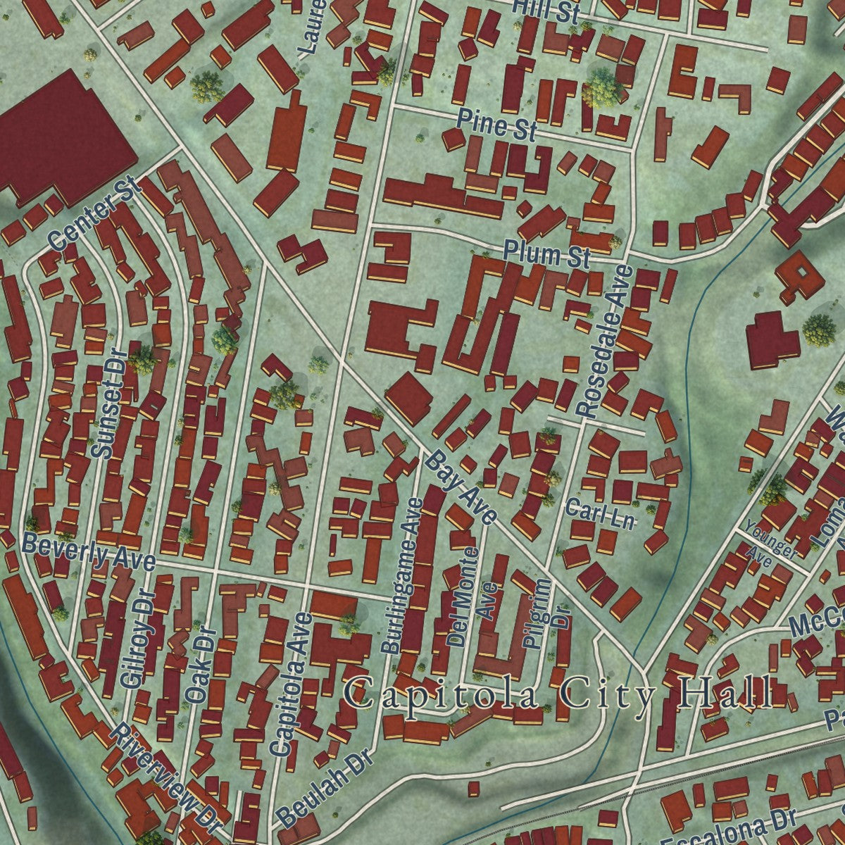 Close-up of the map of Capitola, California print showing street and building detail