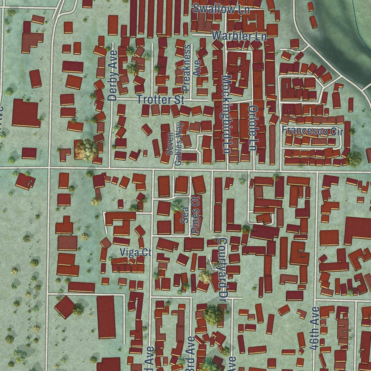 Second close-up of the map of Capitola, California print showing more streets and buildings