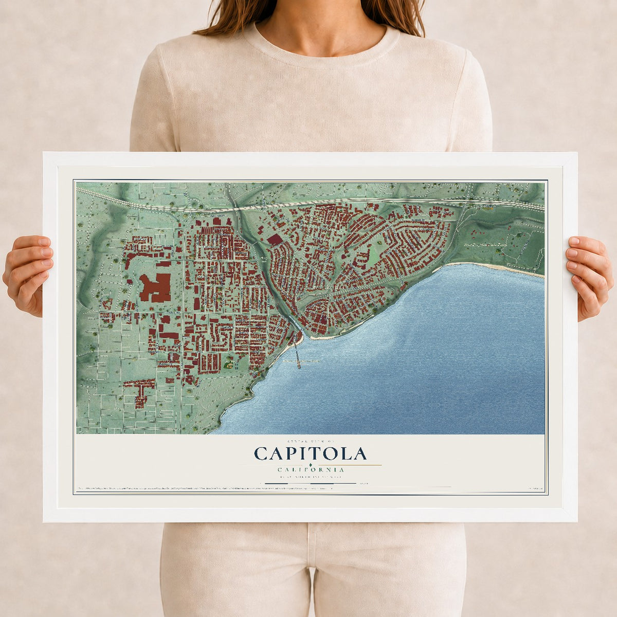 Map of Capitola, California, 12 x 18 inch print in a white wood frame
