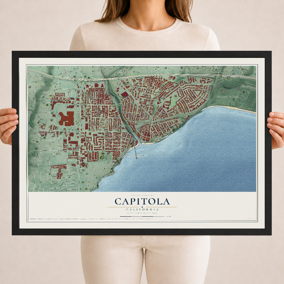 Map of Capitola, California, 18 x 24 inch print in a black wood frame