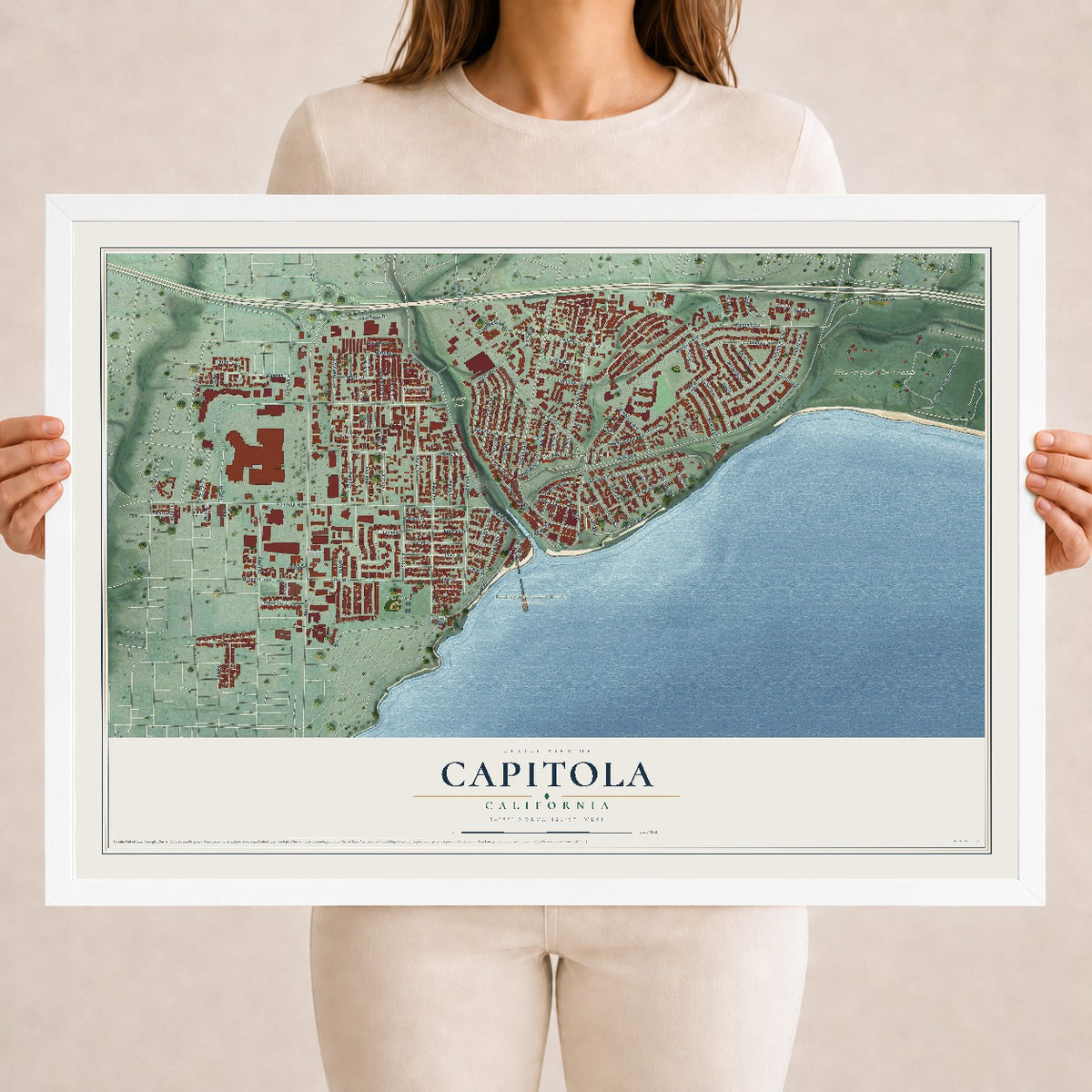 Map of Capitola, California, 18 x 24 inch print in a white wood frame