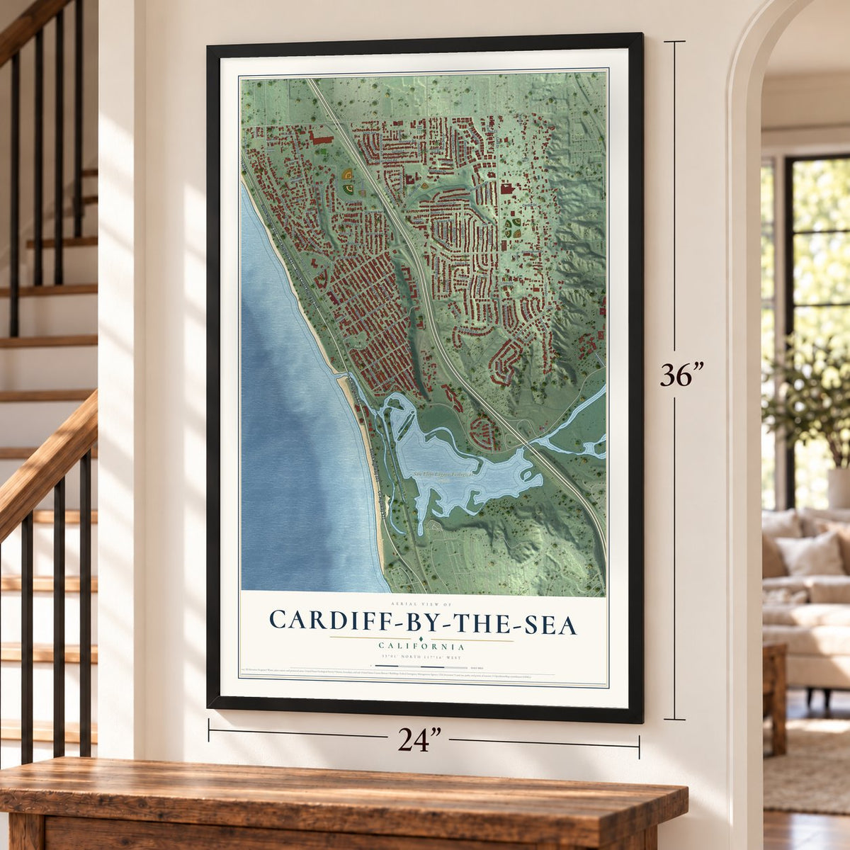 Cardiff-by-the-Sea, California map, 24 x 36 inch print in a black frame by a staircase