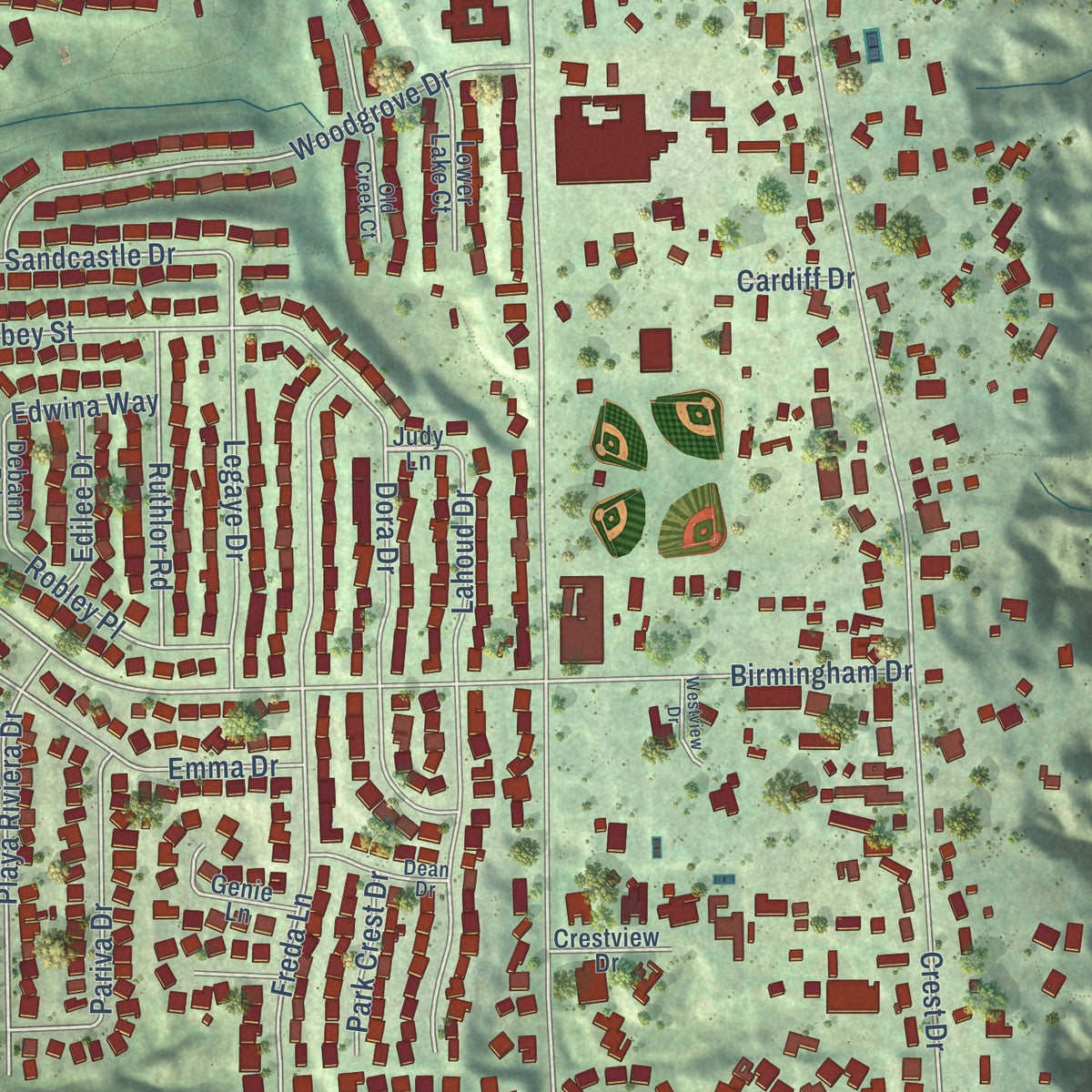 Close-up of the map of Cardiff-by-the-Sea, California print showing street and building detail