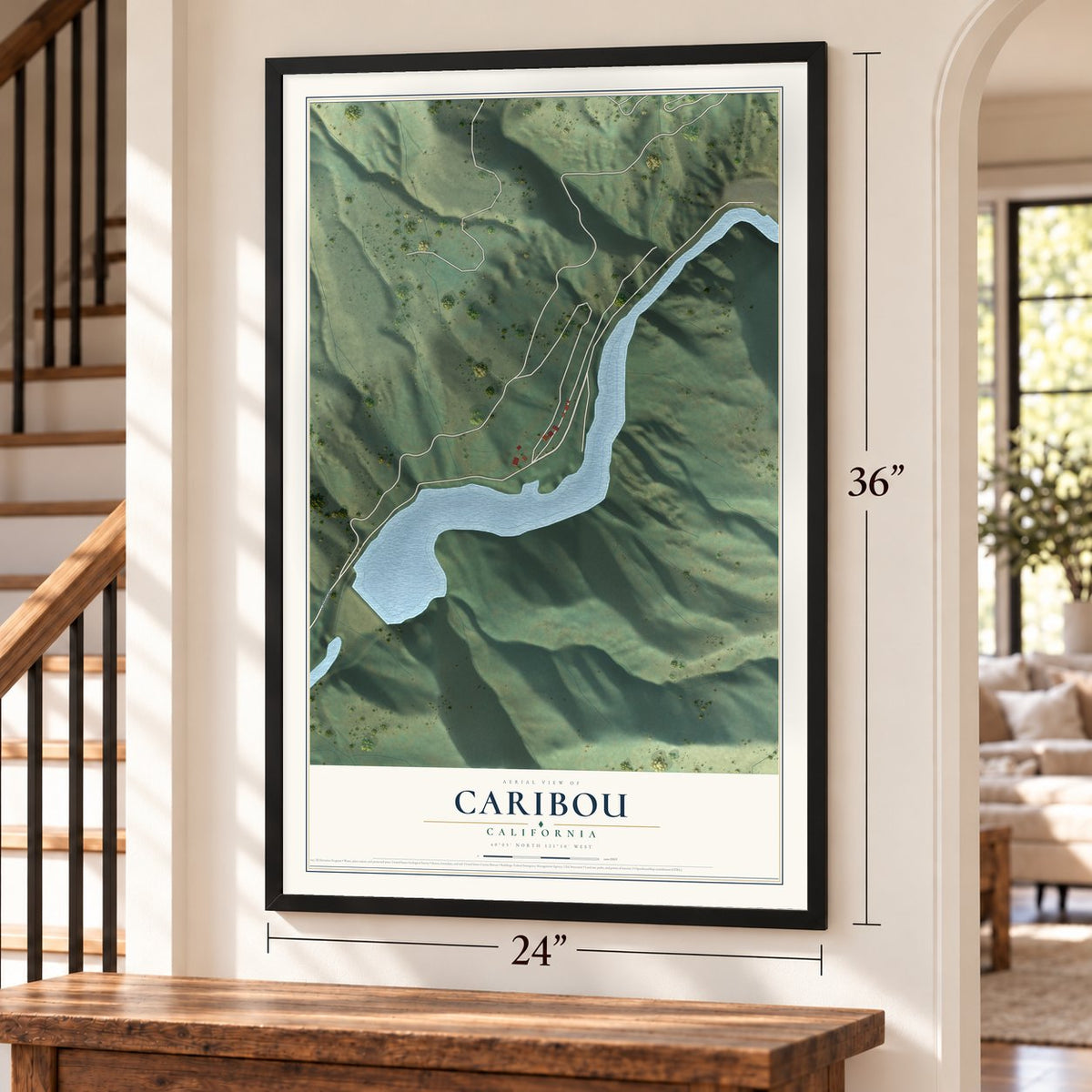 Caribou, California map, 24 x 36 inch print in a black frame by a staircase