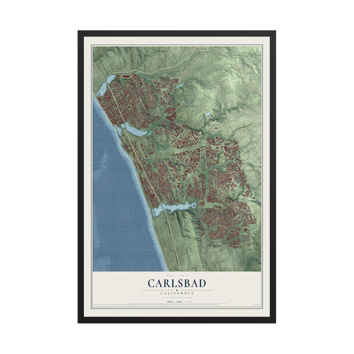 Map of Carlsbad, California, 12 x 18 inch print in a black wood frame