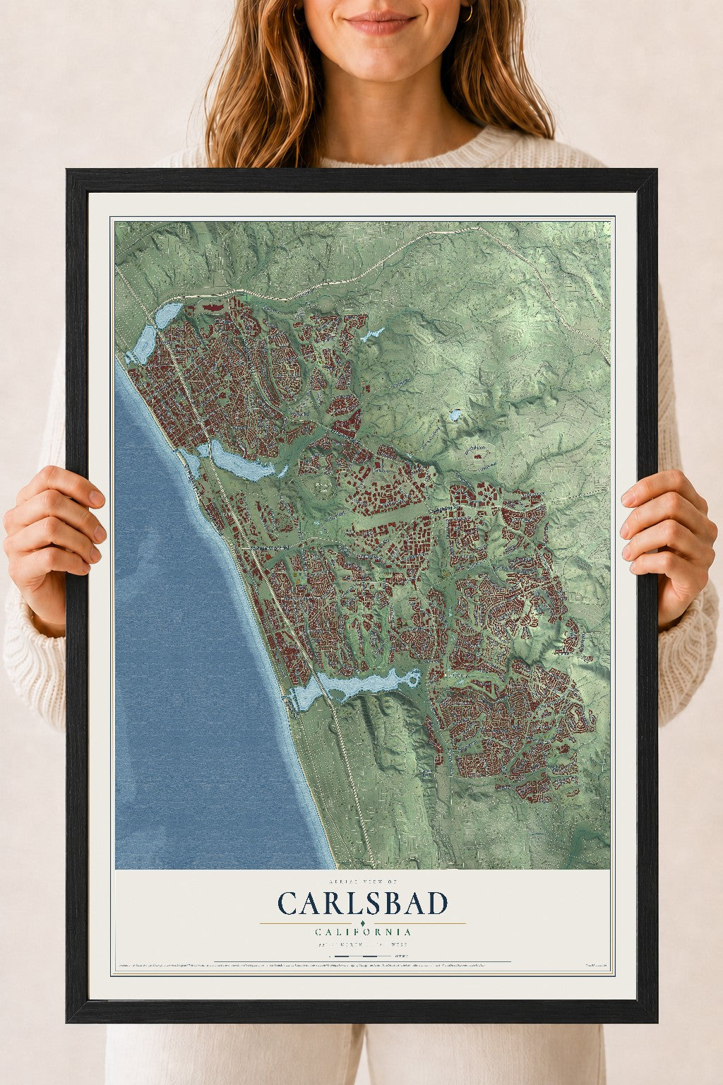 Map of Carlsbad, California, 18 x 24 inch print in a black wood frame