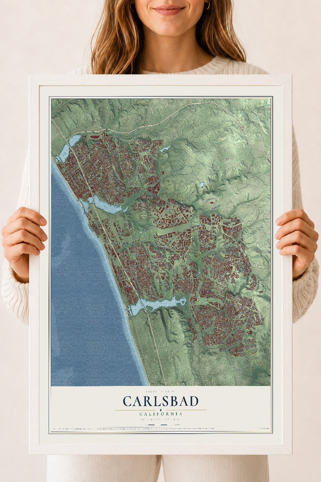 Map of Carlsbad, California, 18 x 24 inch print in a white wood frame