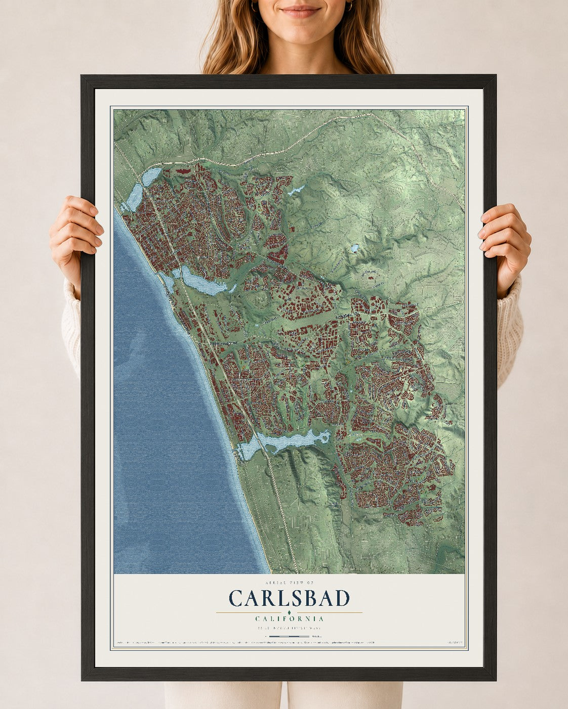 Map of Carlsbad, California, 24 x 36 inch print in a black wood frame