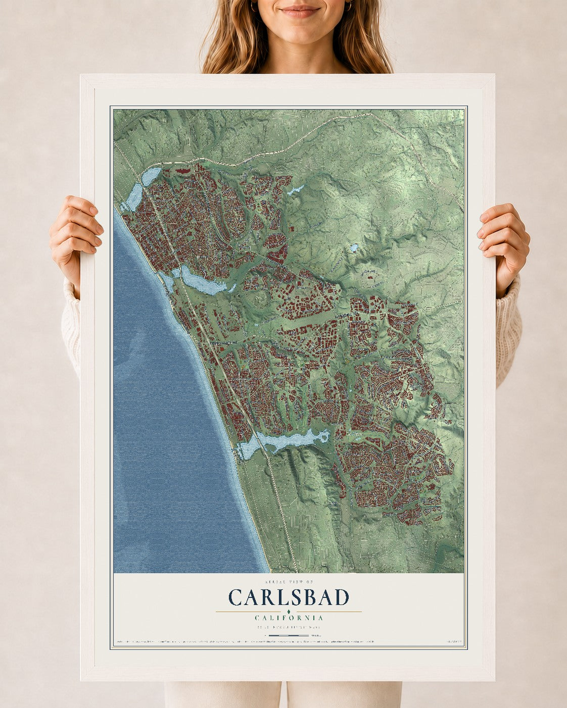 Map of Carlsbad, California, 24 x 36 inch print in a white wood frame