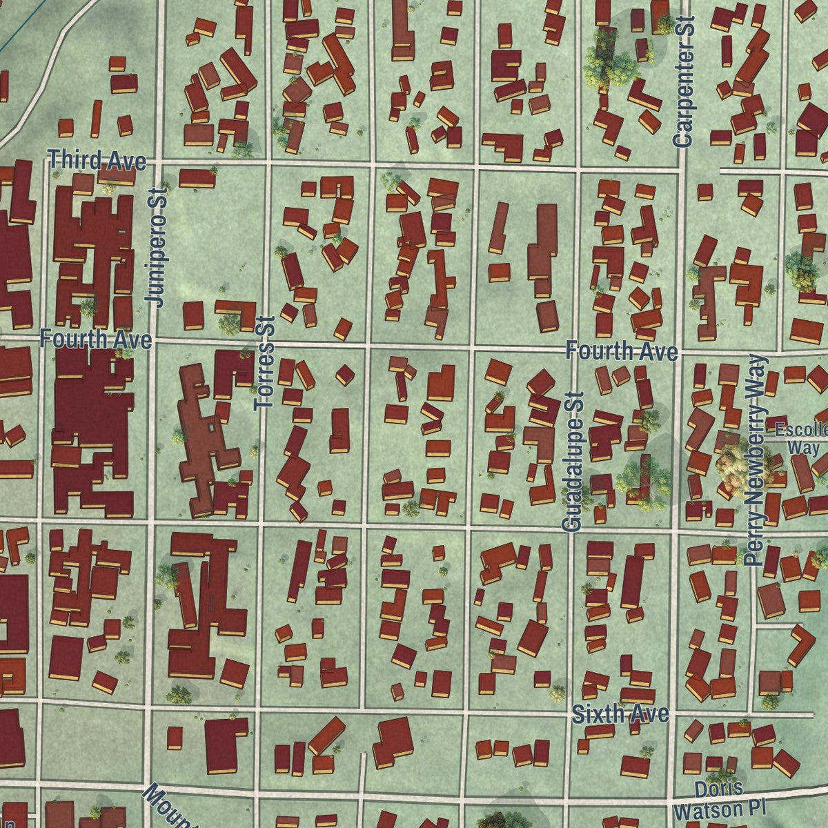 Close-up of the map of Carmel-by-the-Sea, California print showing street and building detail
