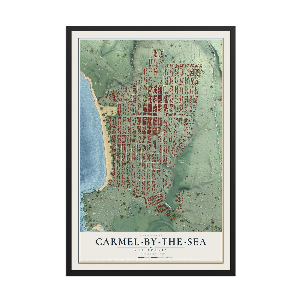 Map of Carmel-by-the-Sea, California, 12 x 18 inch print in a black wood frame