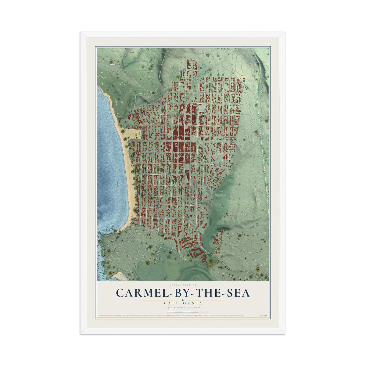 Map of Carmel-by-the-Sea, California, 12 x 18 inch print in a white wood frame