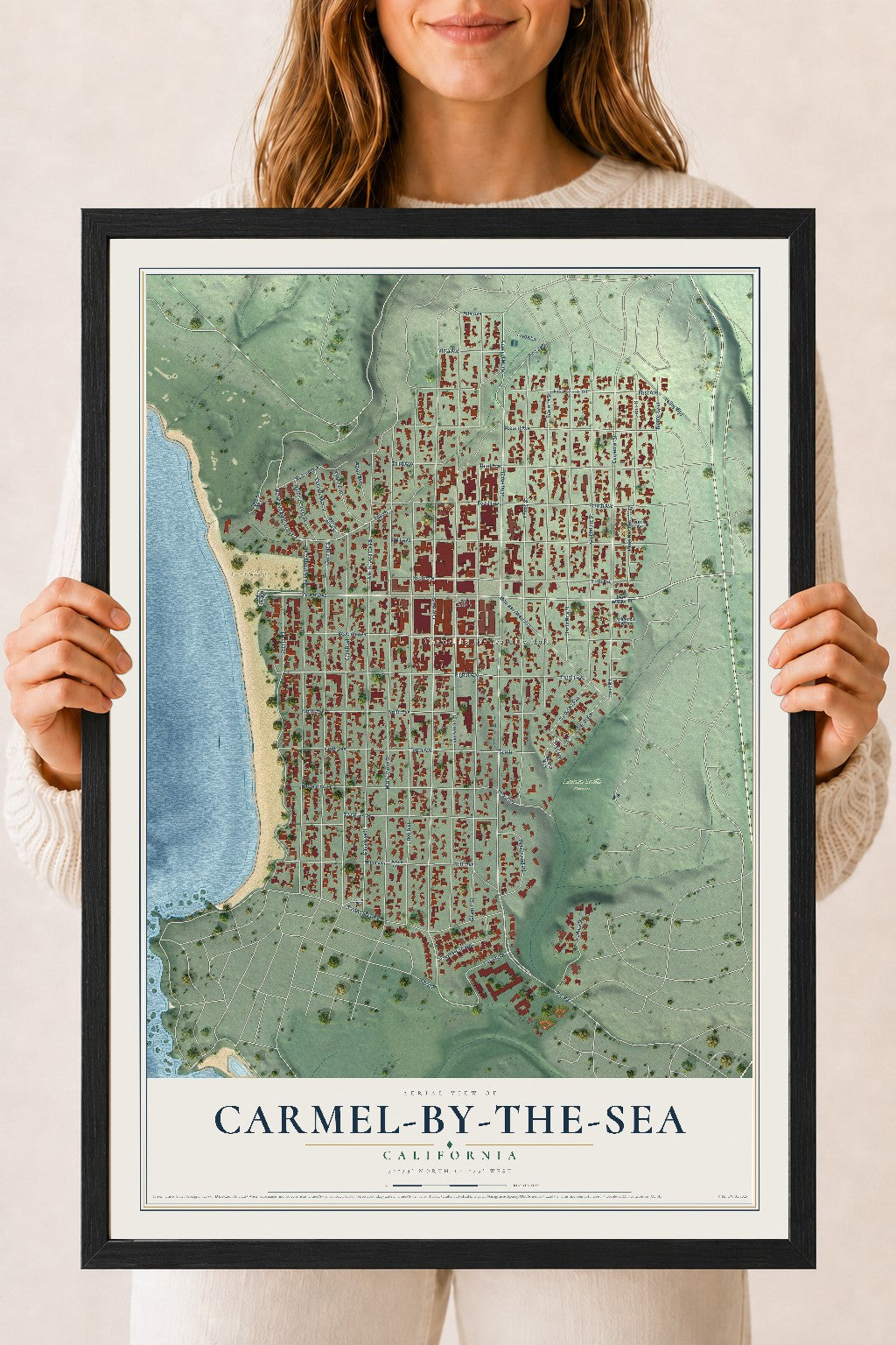 Map of Carmel-by-the-Sea, California, 18 x 24 inch print in a black wood frame