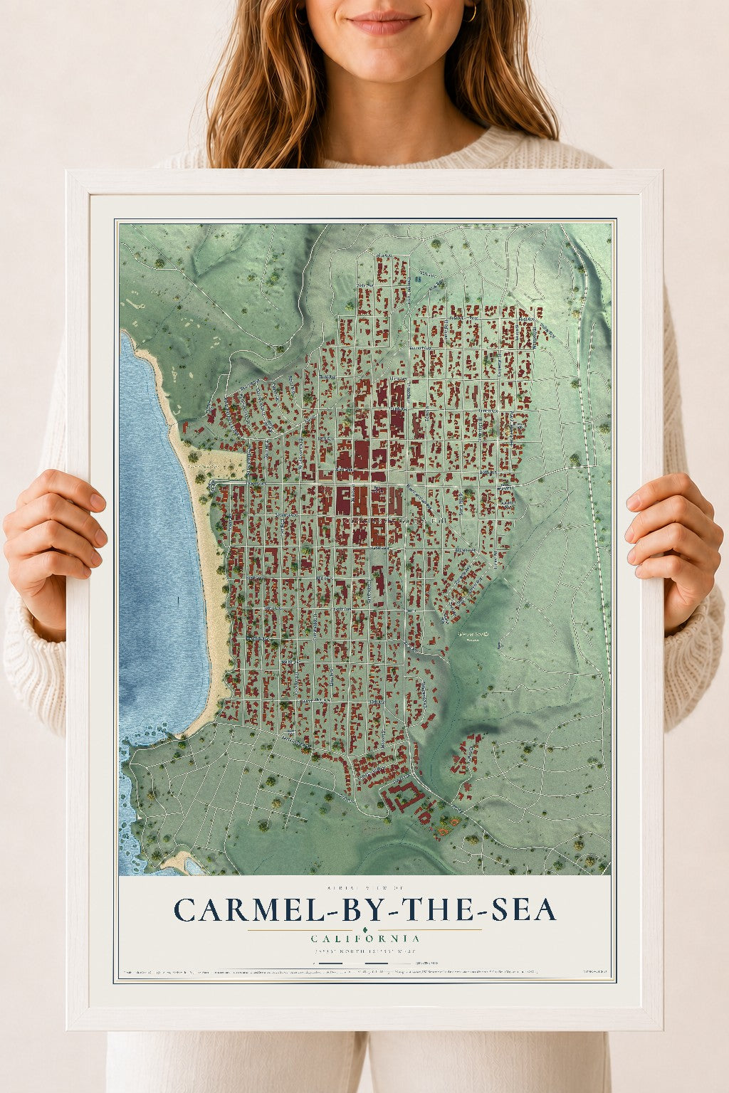 Map of Carmel-by-the-Sea, California, 18 x 24 inch print in a white wood frame