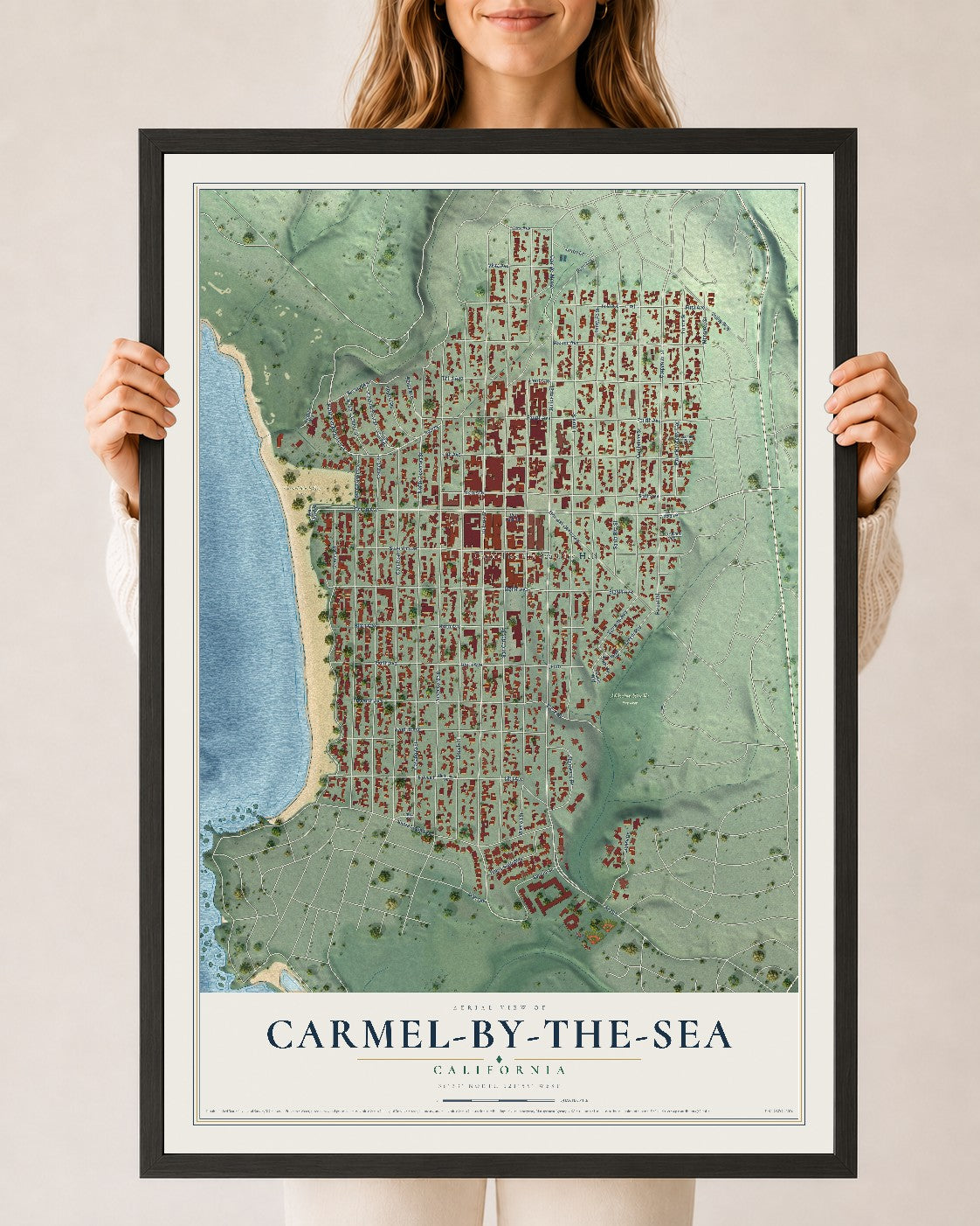 Map of Carmel-by-the-Sea, California, 24 x 36 inch print in a black wood frame