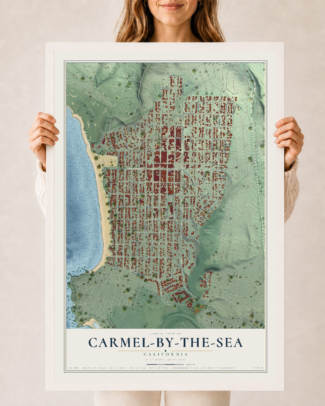 Map of Carmel-by-the-Sea, California, 24 x 36 inch print in a white wood frame