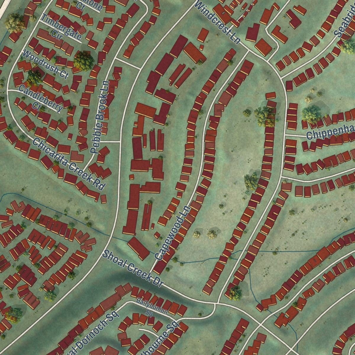 Close-up of the map of Carmel Mountain Ranch, California print showing street and building detail