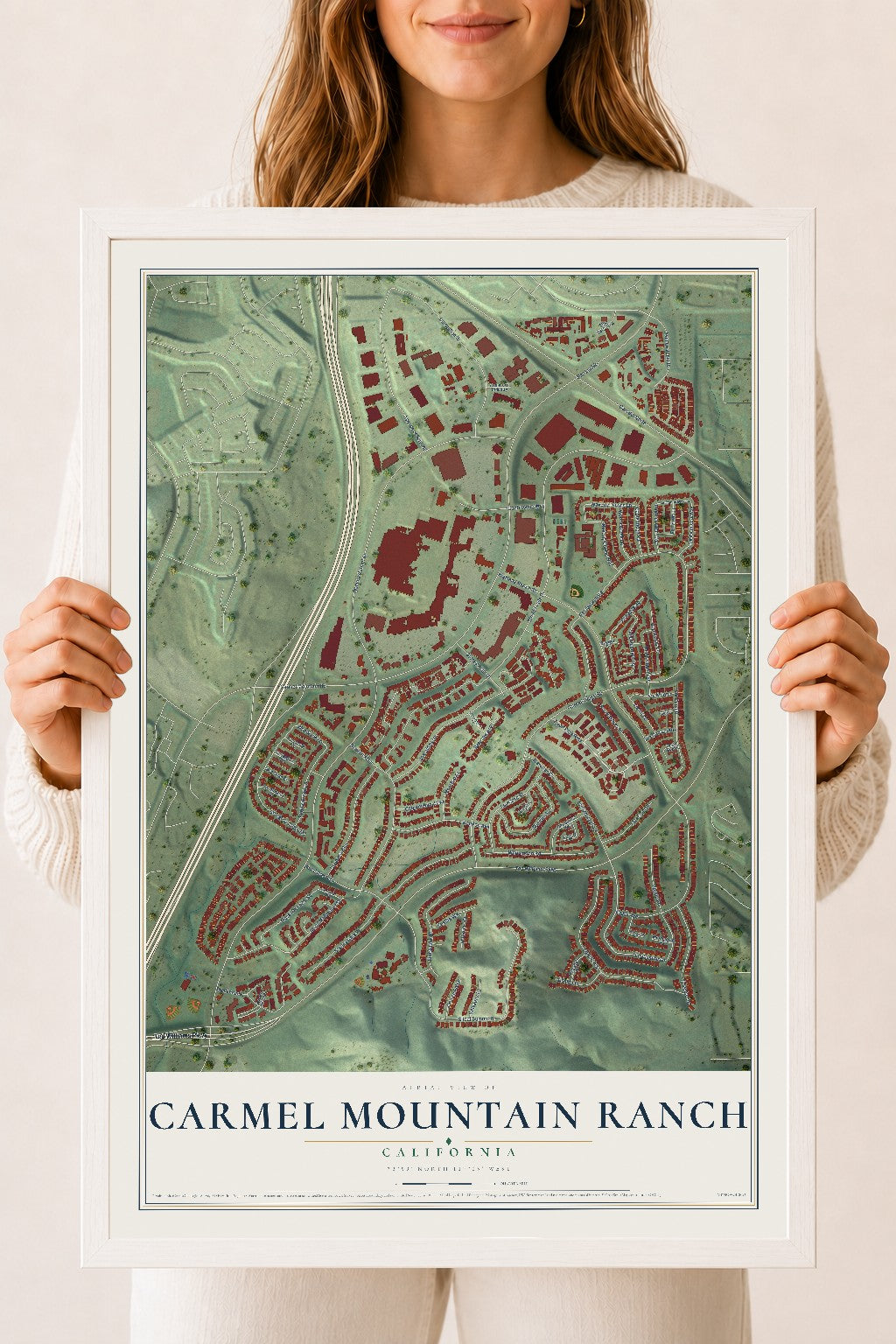 Map of Carmel Mountain Ranch, California, 18 x 24 inch print in a white wood frame