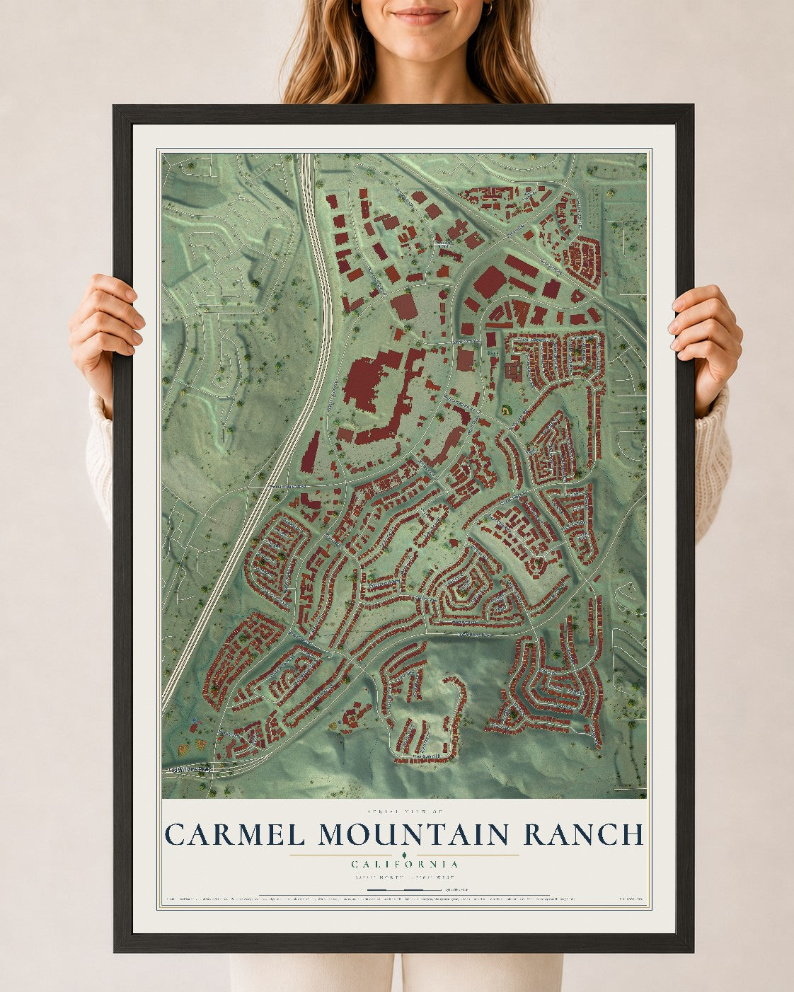 Map of Carmel Mountain Ranch, California, 24 x 36 inch print in a black wood frame