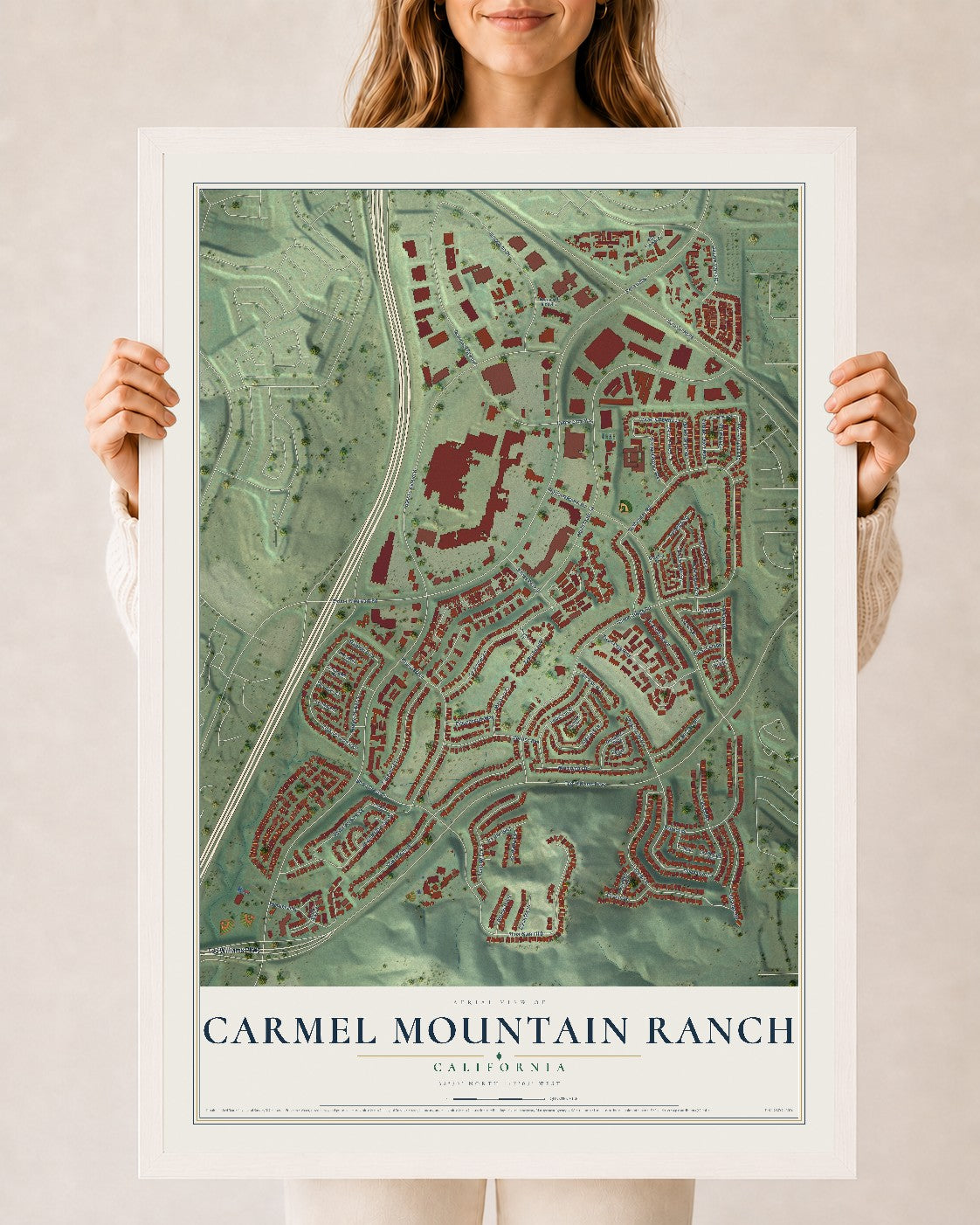 Map of Carmel Mountain Ranch, California, 24 x 36 inch print in a white wood frame